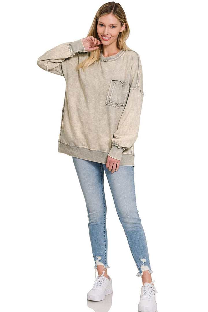 Zenana French Terry Acid Wash Raw Edge Front Pocket Pullover