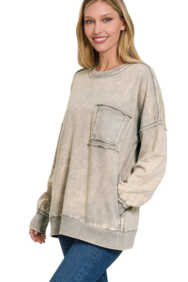 Zenana French Terry Acid Wash Raw Edge Front Pocket Pullover