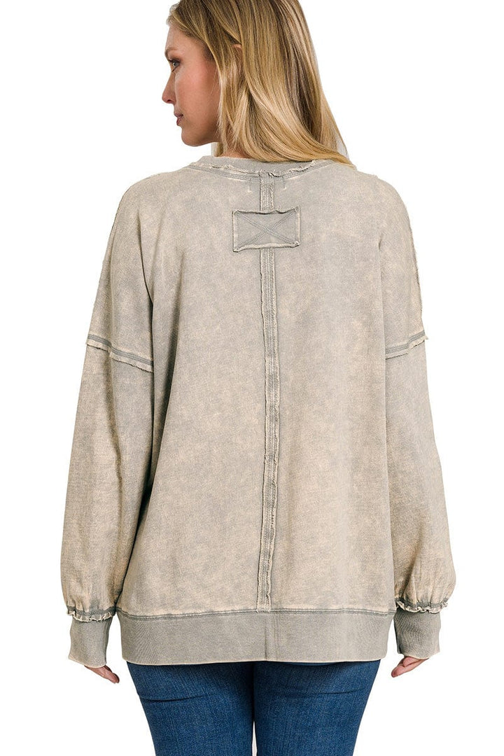 Zenana French Terry Acid Wash Raw Edge Front Pocket Pullover