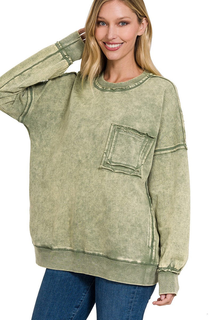 Zenana French Terry Acid Wash Raw Edge Front Pocket Pullover