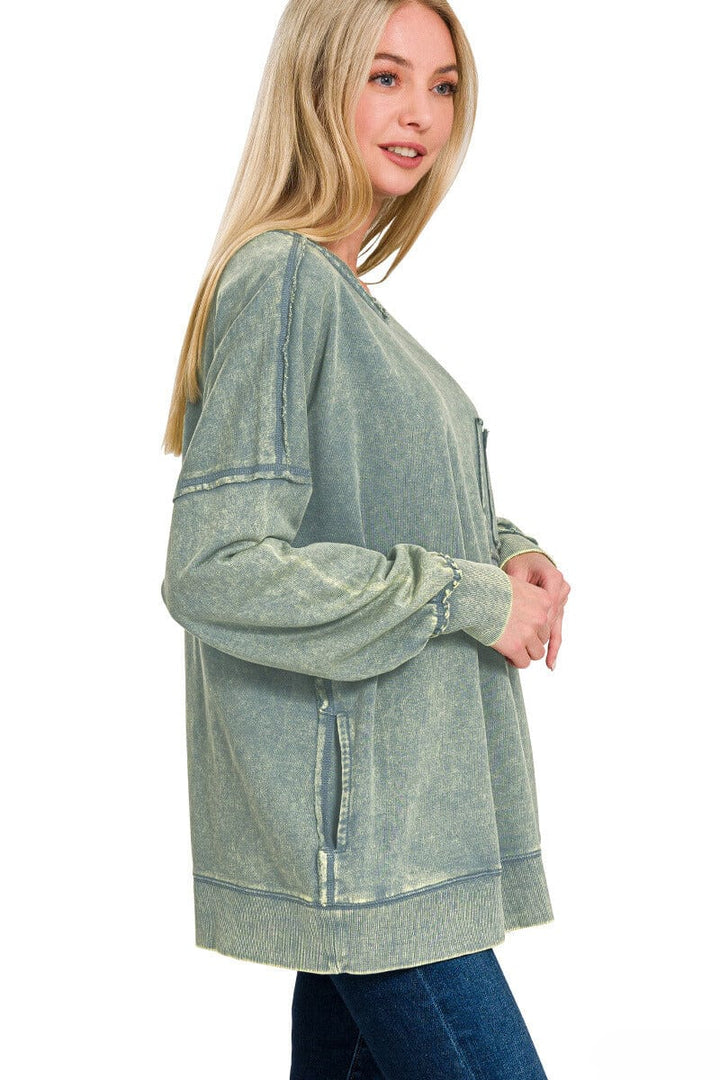 Zenana French Terry Acid Wash Raw Edge Front Pocket Pullover