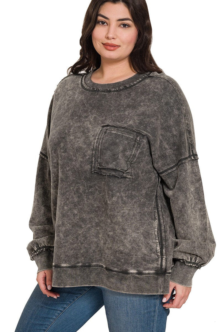 Zenana French Terry Acid Wash Raw Edge Front Pocket Pullover