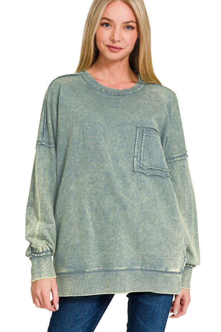 Zenana French Terry Acid Wash Raw Edge Front Pocket Pullover