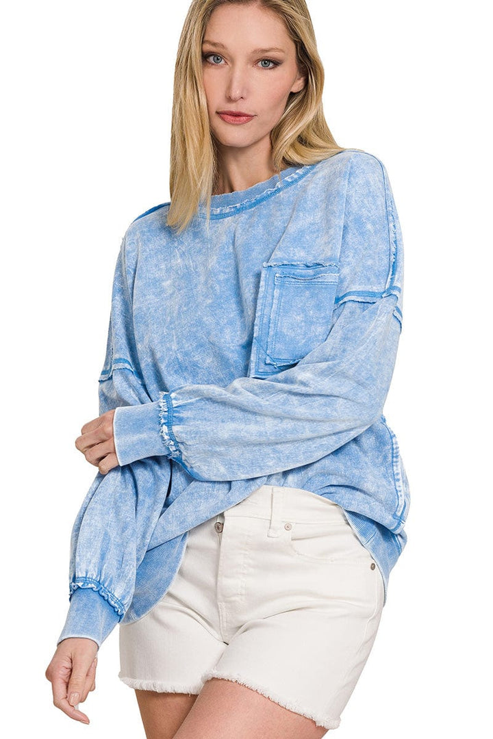 Zenana French Terry Acid Wash Raw Edge Front Pocket Pullover