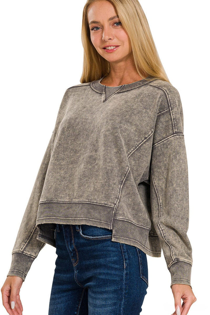 Zenana French Terry Acid Wash Raw Edge Pullover