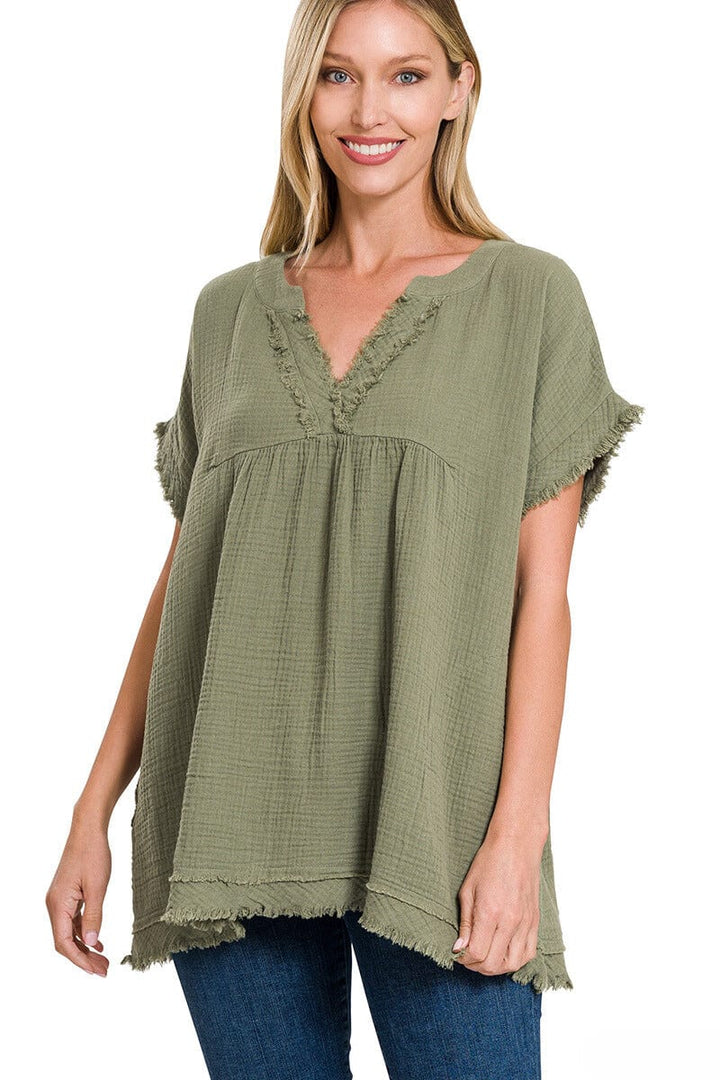 Zenana Gauze Raw Edge Short Sleeve V-Neck Shirt