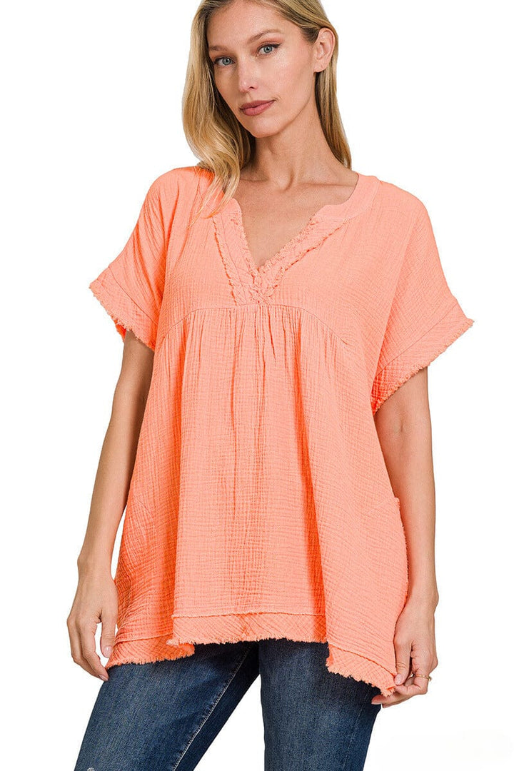 Zenana Gauze Raw Edge Short Sleeve V-Neck Shirt