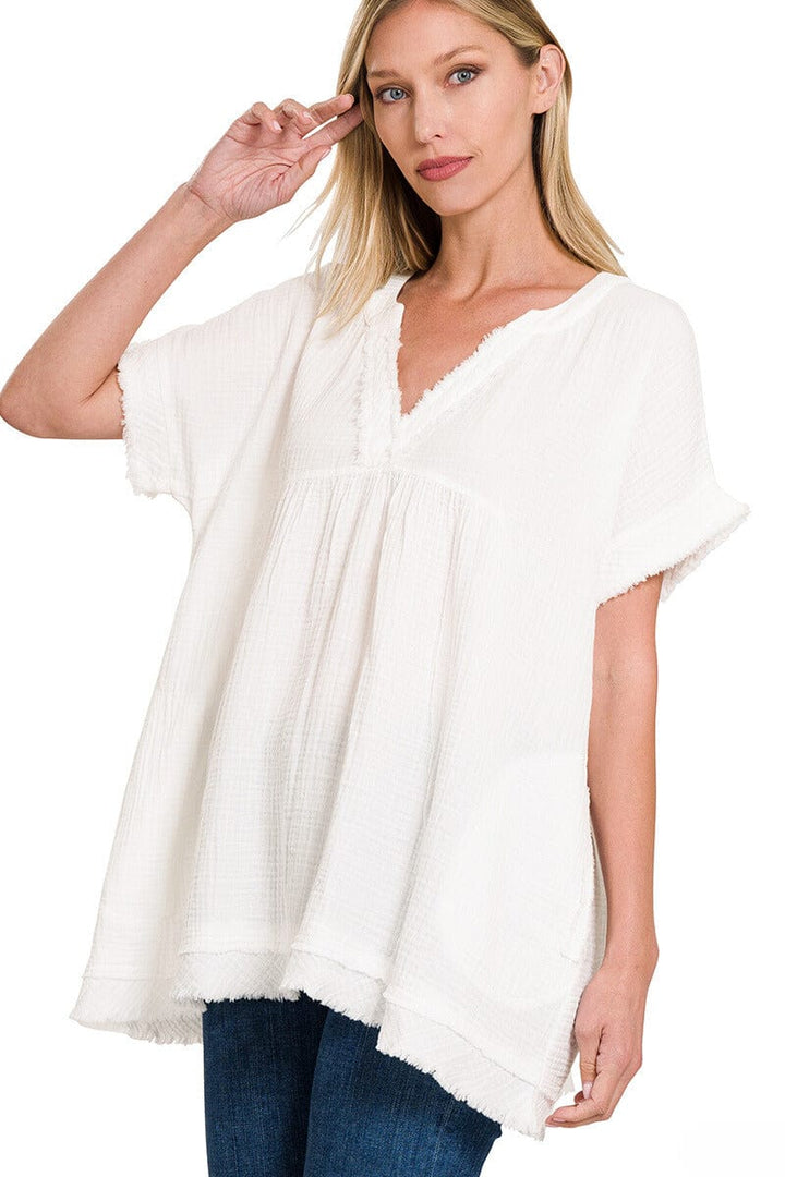 Zenana Gauze Raw Edge Short Sleeve V-Neck Shirt