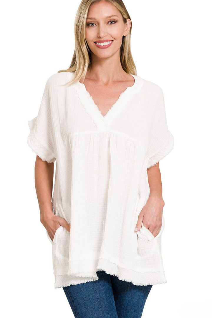 Zenana Gauze Raw Edge Short Sleeve V-Neck Shirt