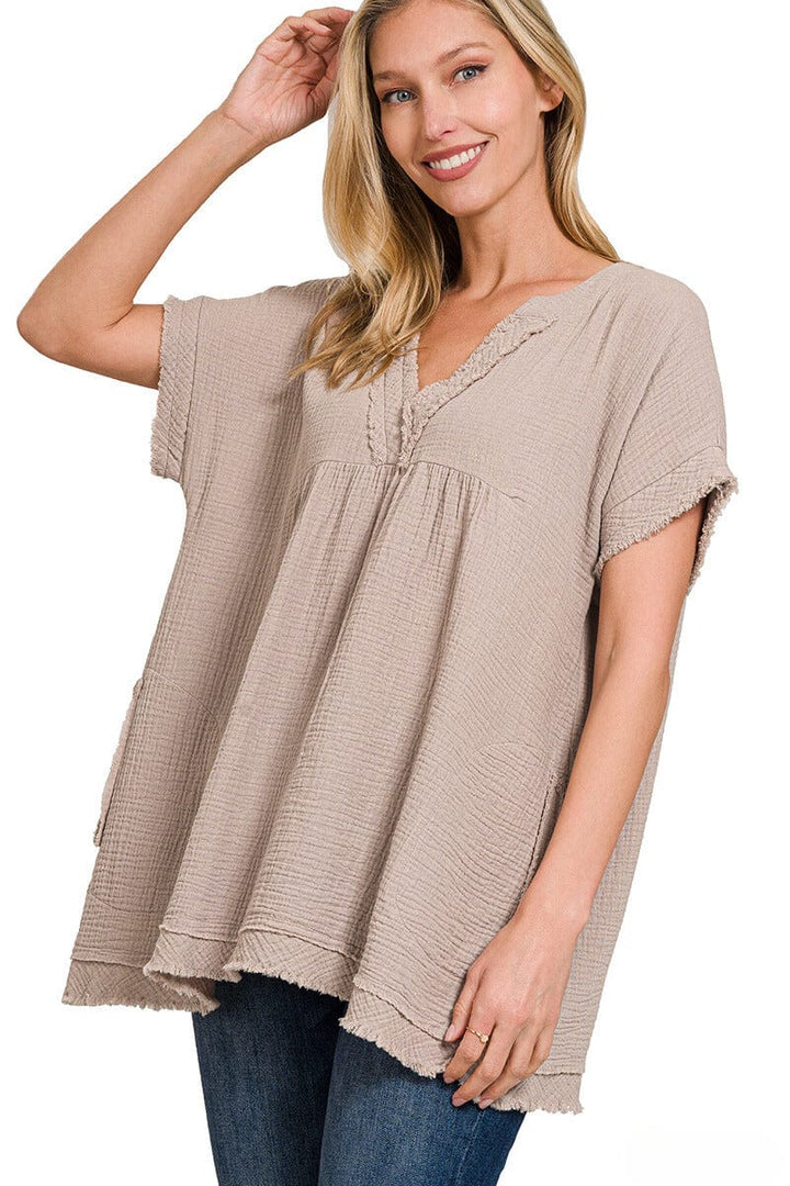 Zenana Gauze Raw Edge Short Sleeve V-Neck Shirt