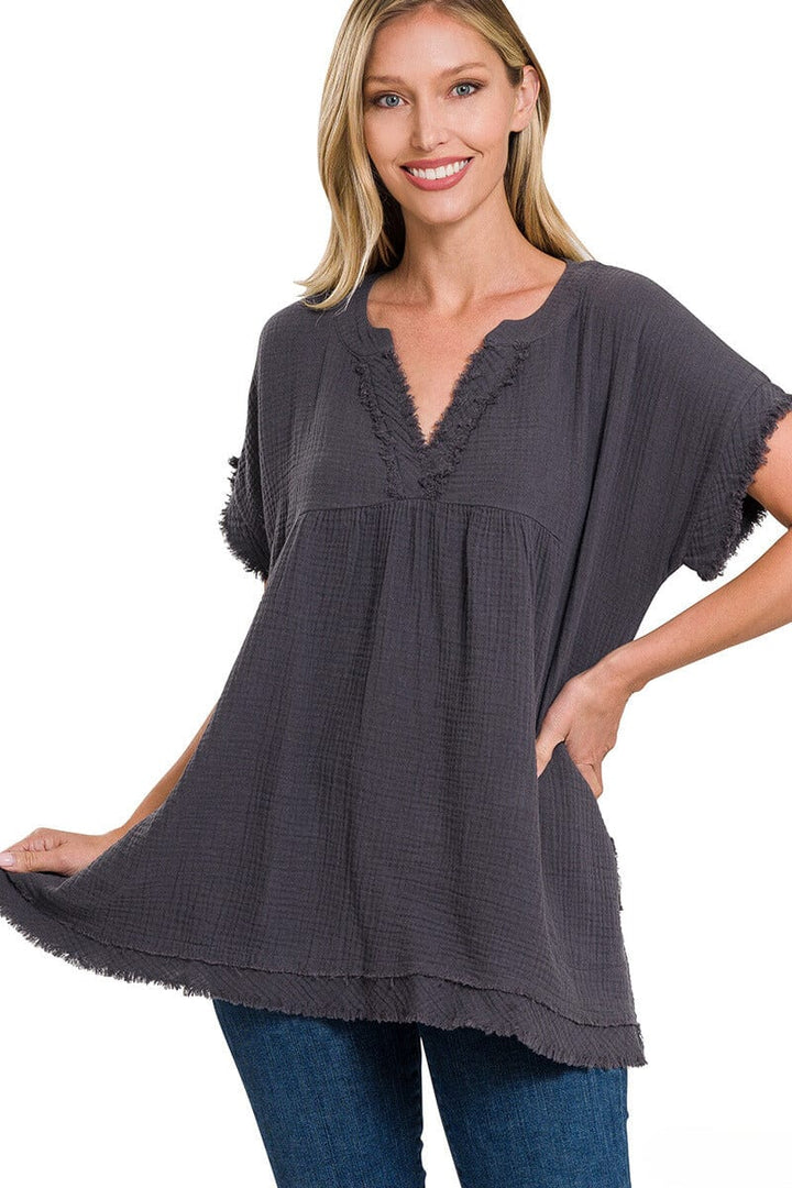 Zenana Gauze Raw Edge Short Sleeve V-Neck Shirt