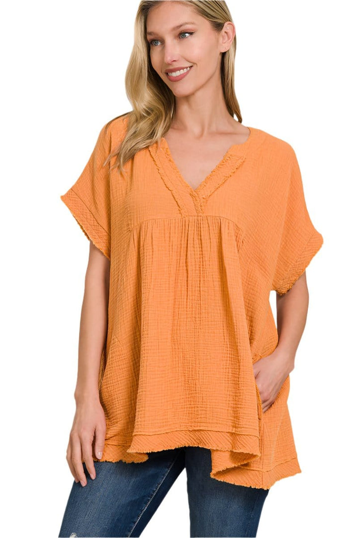 Zenana Gauze Raw Edge Short Sleeve V-Neck Shirt