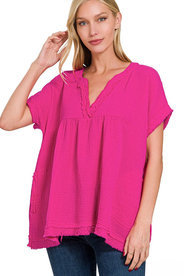 Zenana Gauze Raw Edge Short Sleeve V-Neck Shirt