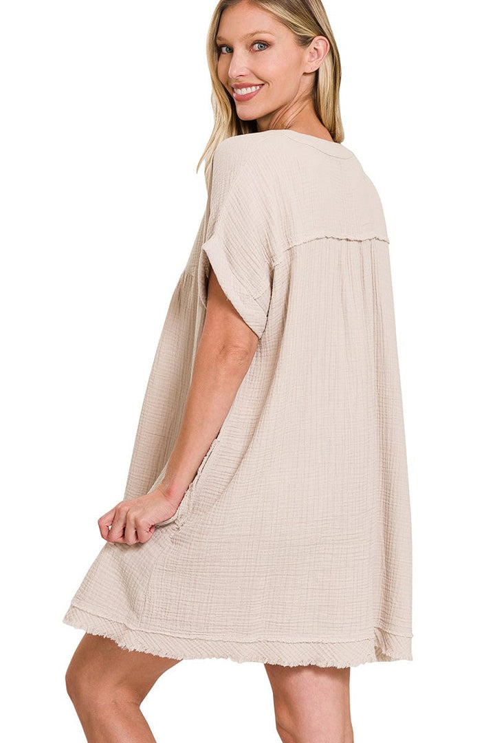 Zenana Gauze Rolled Short Sleeve Raw Edge Dress