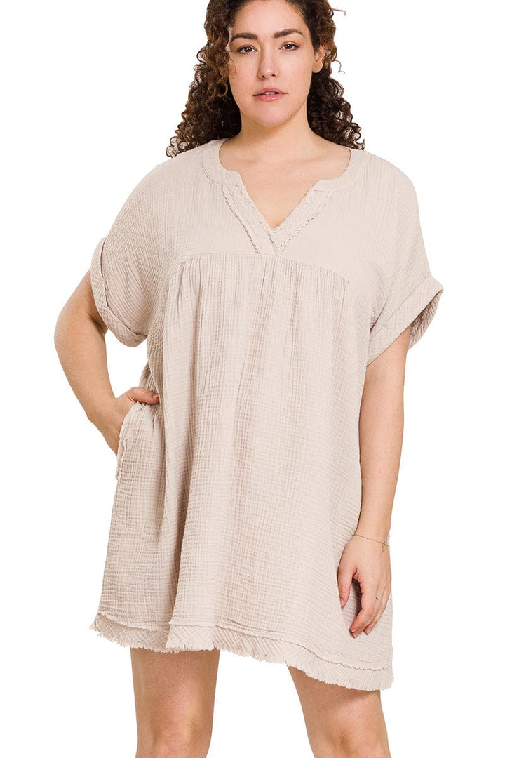 Zenana Gauze Rolled Short Sleeve Raw Edge Dress