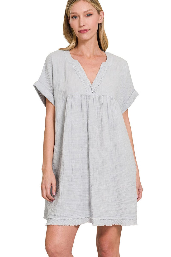 Zenana Gauze Rolled Short Sleeve Raw Edge Dress