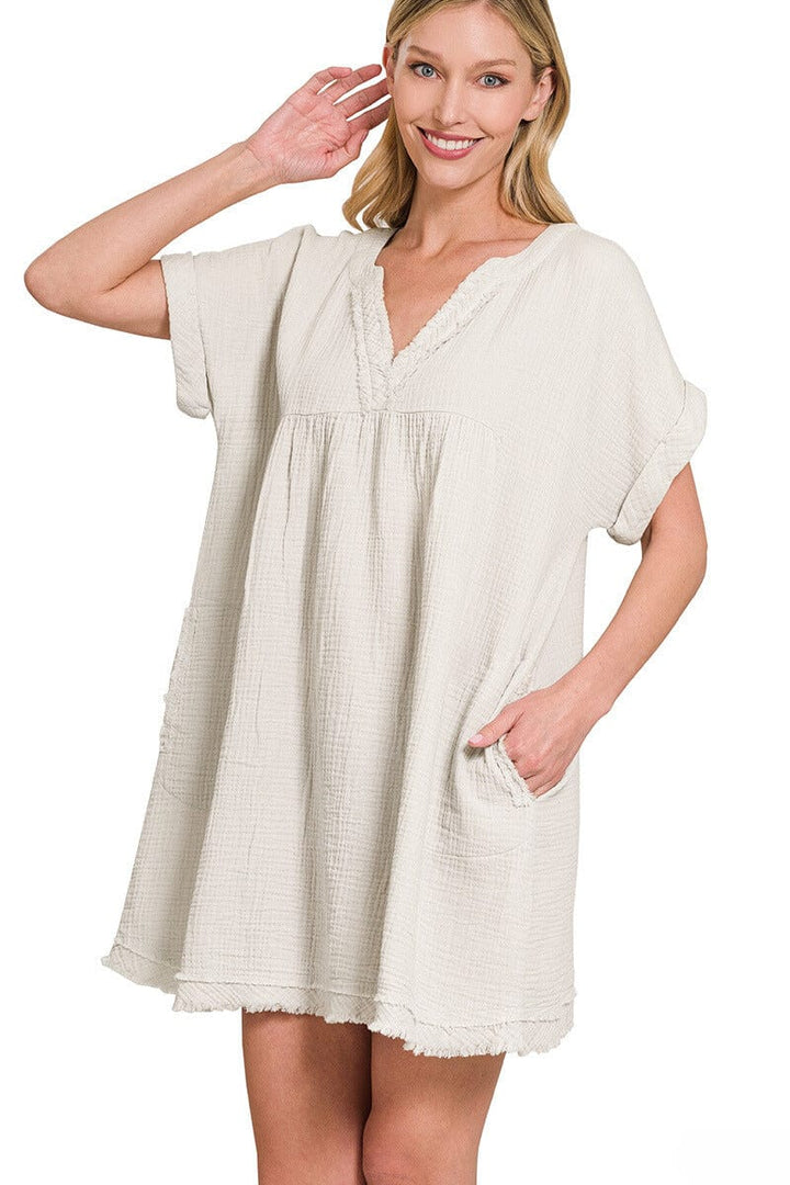 Zenana Gauze Rolled Short Sleeve Raw Edge Dress