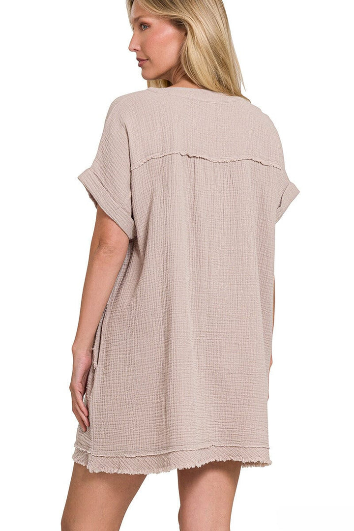 Zenana Gauze Rolled Short Sleeve Raw Edge Dress