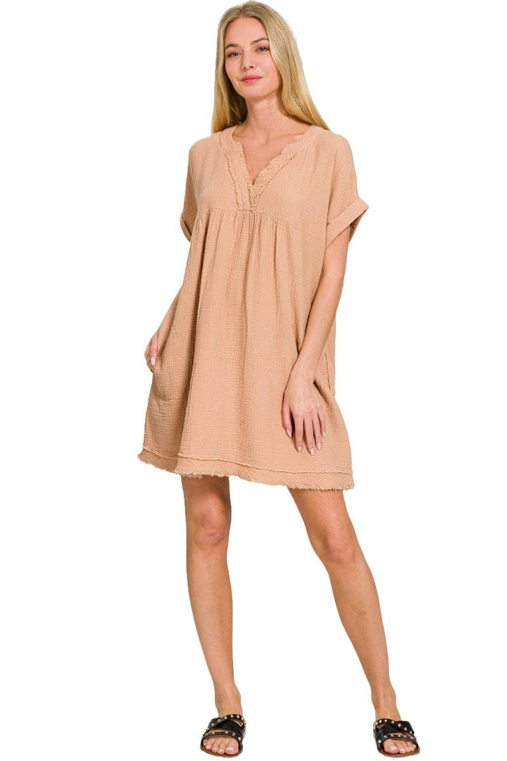 Zenana Gauze Rolled Short Sleeve Raw Edge Dress