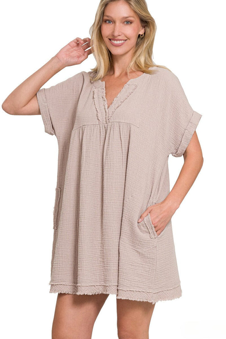 Zenana Gauze Rolled Short Sleeve Raw Edge Dress