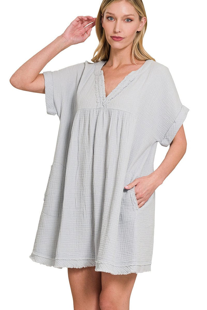 Zenana Gauze Rolled Short Sleeve Raw Edge Dress