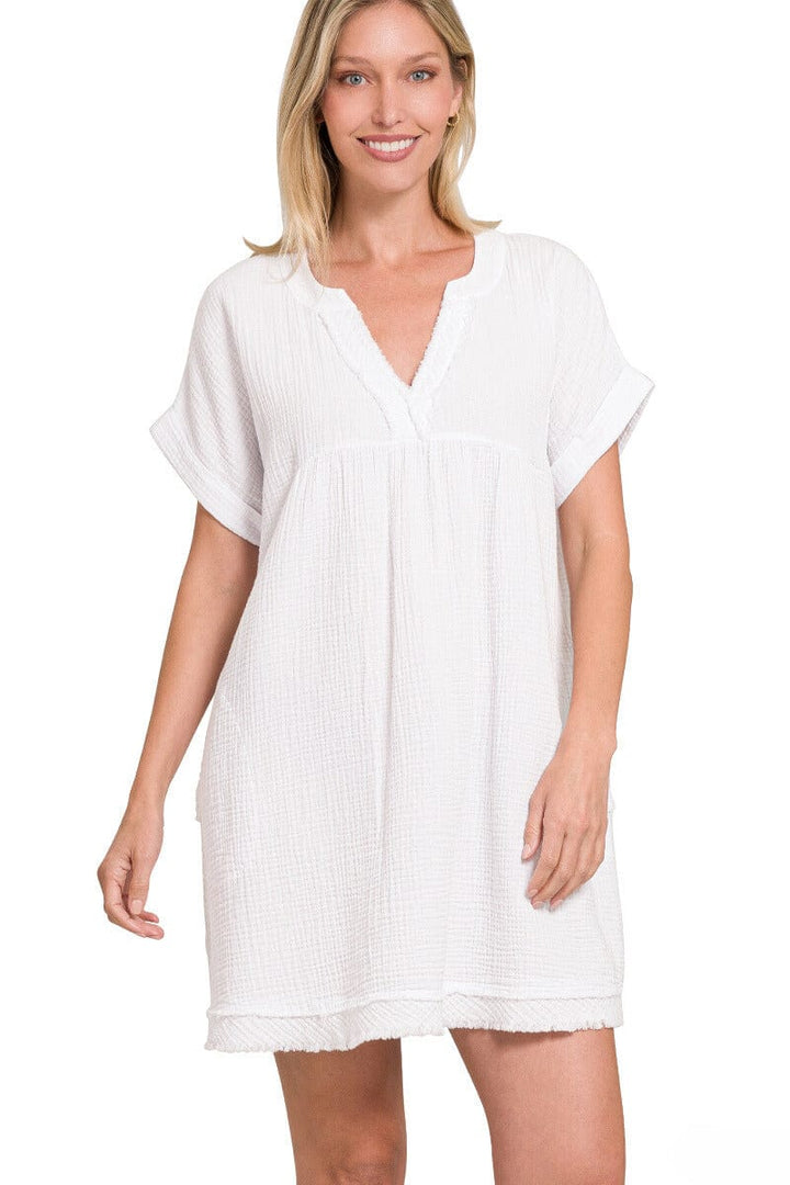 Zenana Gauze Rolled Short Sleeve Raw Edge Dress