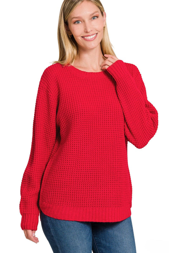 Zenana Hi-Low Long Sleeve Round Neck Waffle Sweater