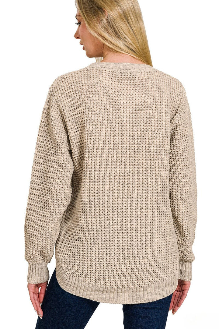 Zenana Hi-Low Long Sleeve Round Neck Waffle Sweater