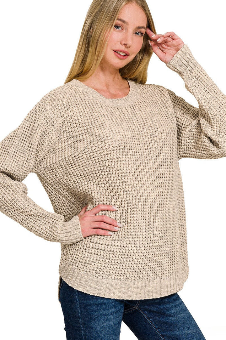 Zenana Hi-Low Long Sleeve Round Neck Waffle Sweater