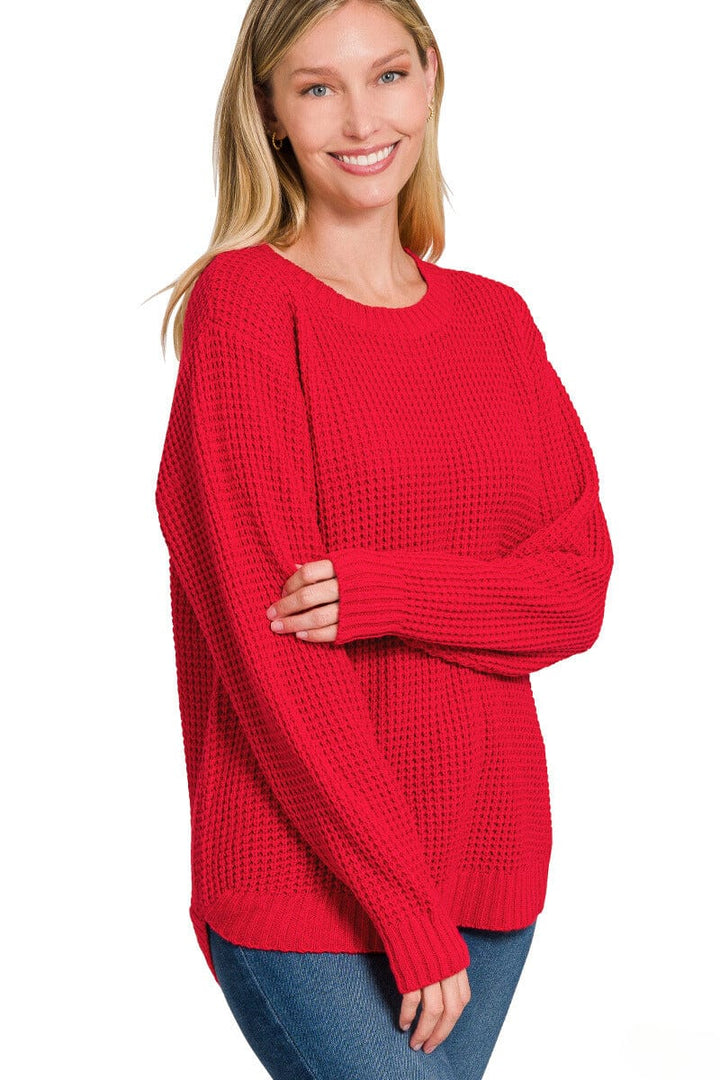 Zenana Hi-Low Long Sleeve Round Neck Waffle Sweater