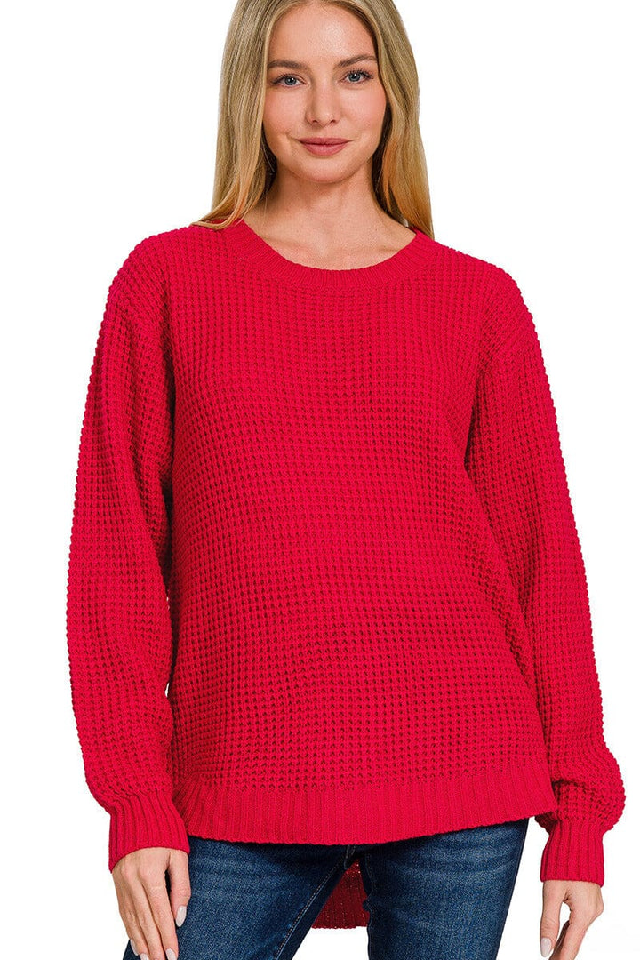 Zenana Hi-Low Long Sleeve Round Neck Waffle Sweater