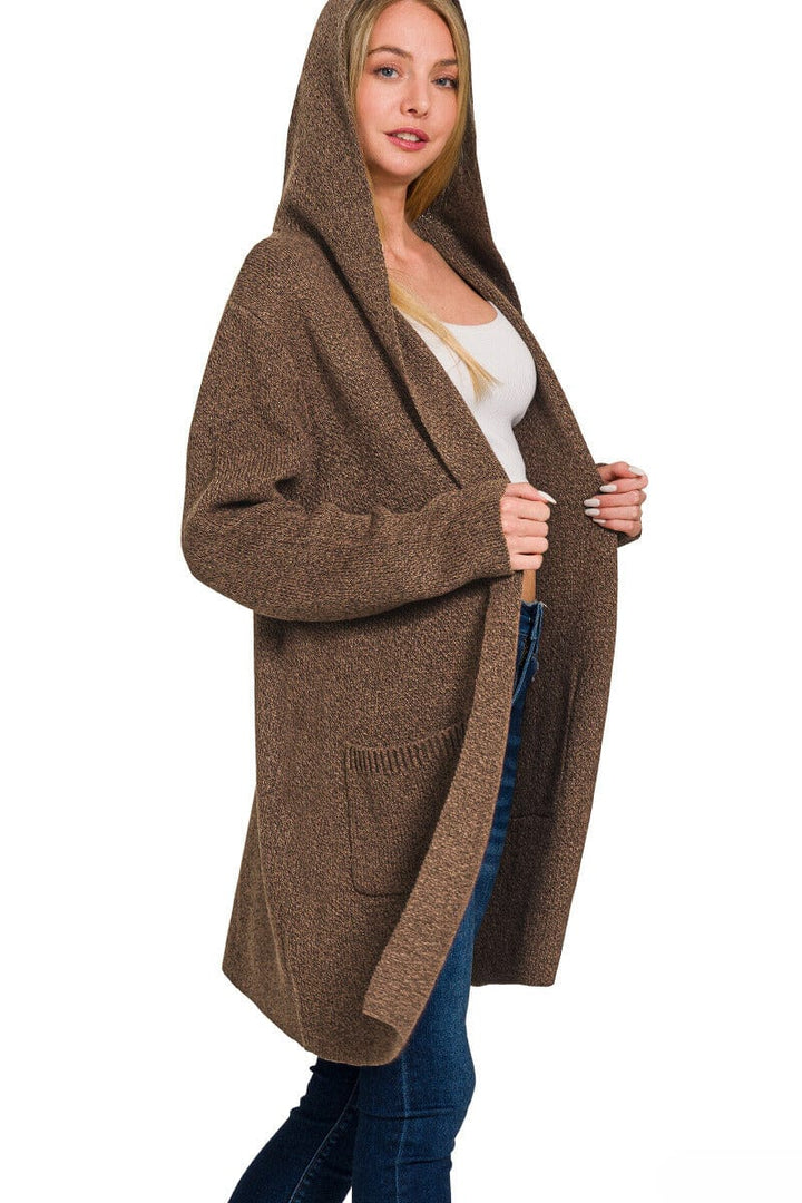 Zenana Hooded Open Front Sweater Cardigan with Pockets