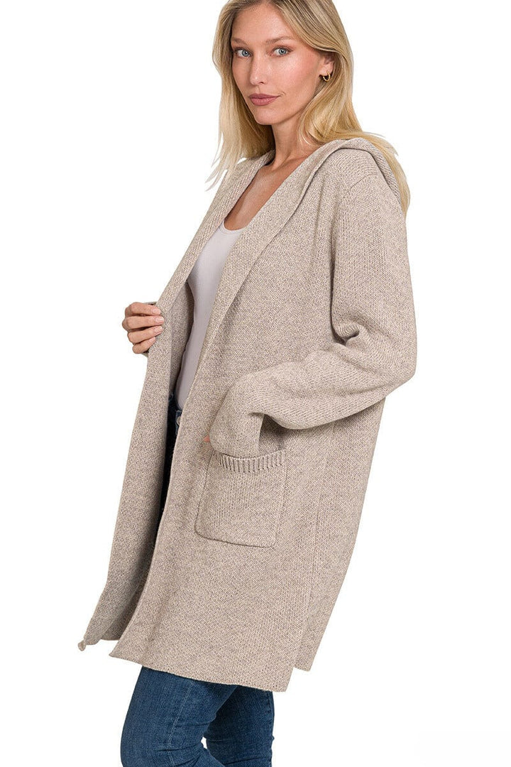 Zenana Hooded Open Front Sweater Cardigan with Pockets