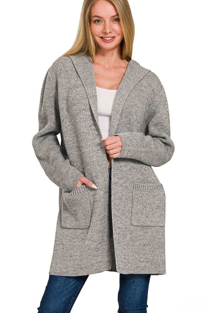 Zenana Hooded Open Front Sweater Cardigan with Pockets