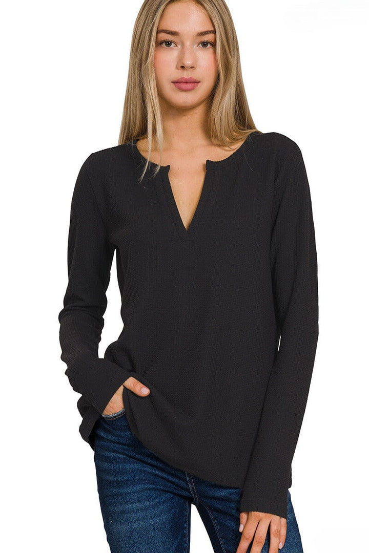 Zenana Melange Baby Waffle -Neck Long Sleeve Top