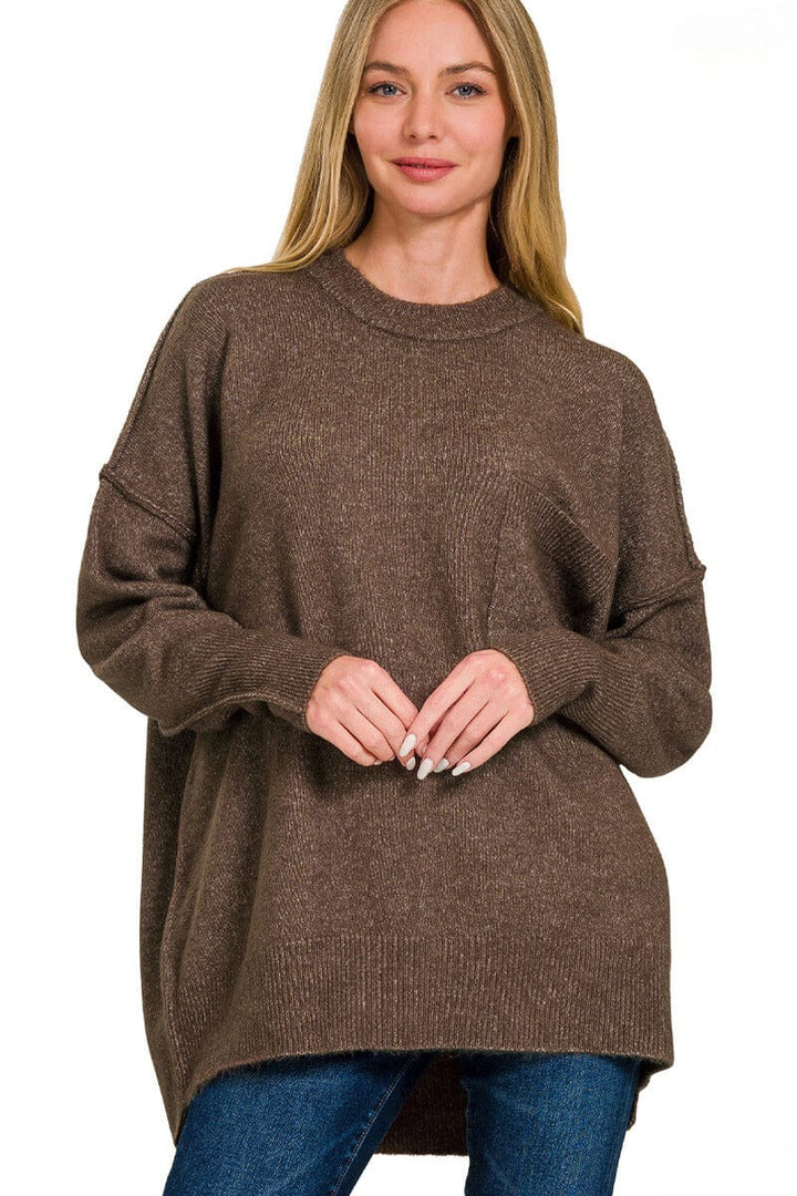 Zenana Melange Hi-Low Hem Pocket Sweater