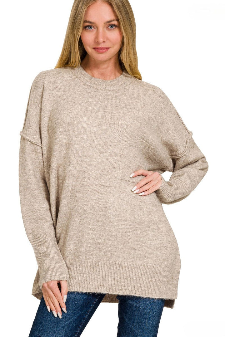 Zenana Melange Hi-Low Hem Pocket Sweater