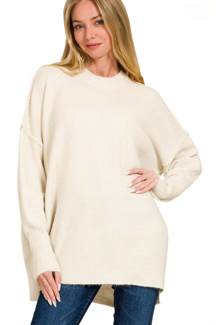 Zenana Melange Hi-Low Hem Pocket Sweater