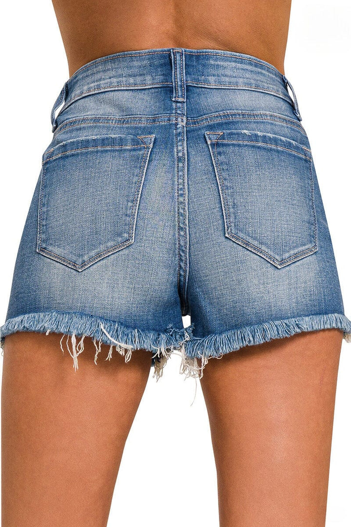 Zenana Mid Rise Raw Frayed Hem Denim Shorts