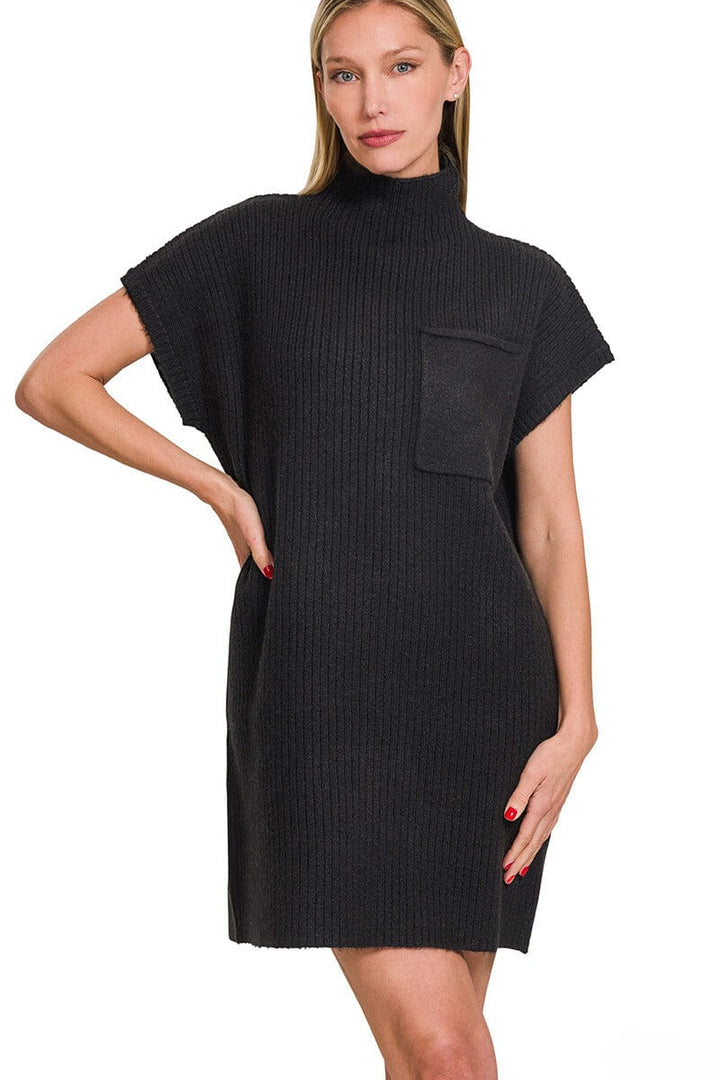 Zenana Mock Neck Short Sleeve Sweater Dress with Chest Pocket