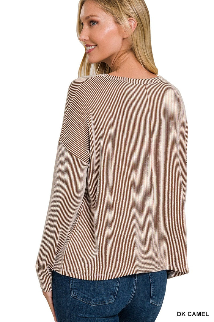 Zenana Ribbed Boat Neck Drop Shoulder Long Sleeve Top