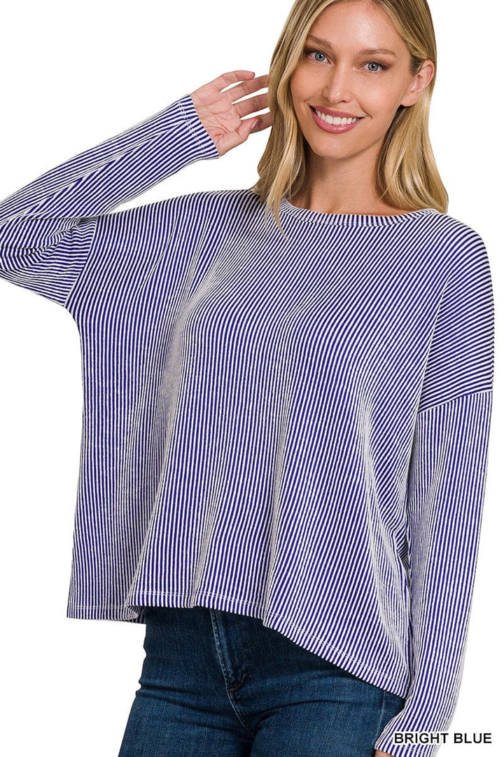 Zenana Ribbed Boat Neck Drop Shoulder Long Sleeve Top