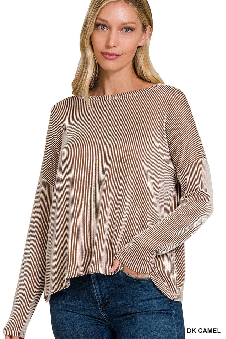 Zenana Ribbed Boat Neck Drop Shoulder Long Sleeve Top