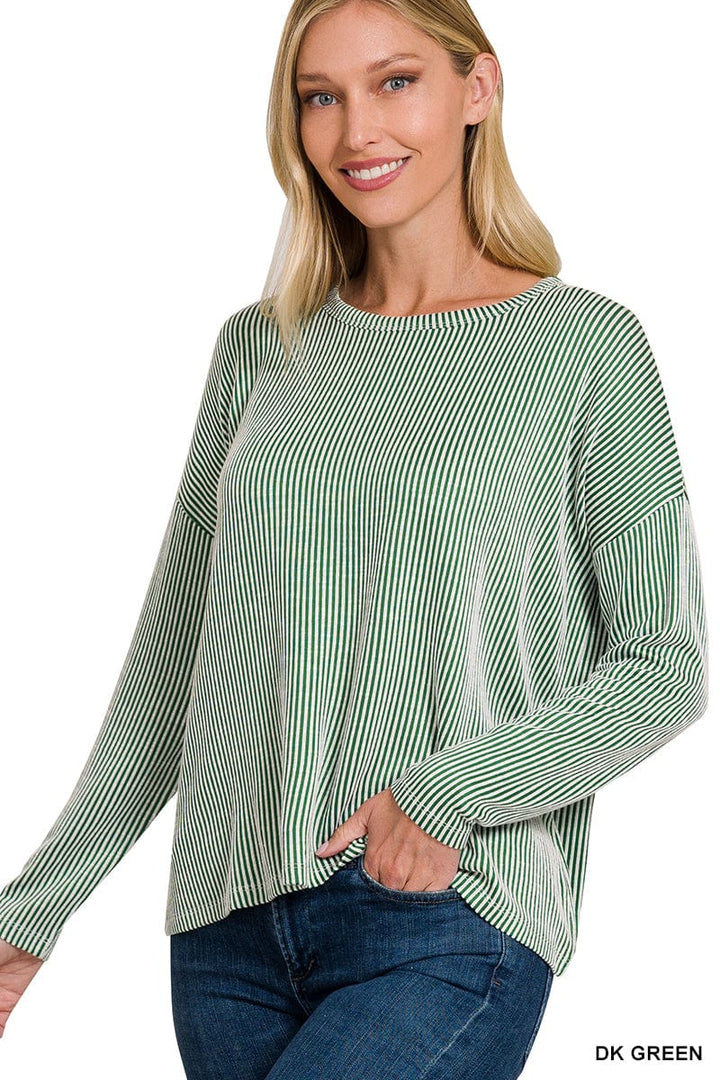 Zenana Ribbed Boat Neck Drop Shoulder Long Sleeve Top