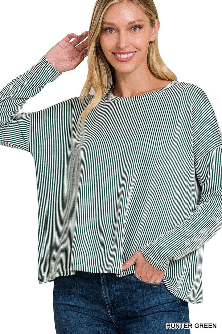 Zenana Ribbed Boat Neck Drop Shoulder Long Sleeve Top