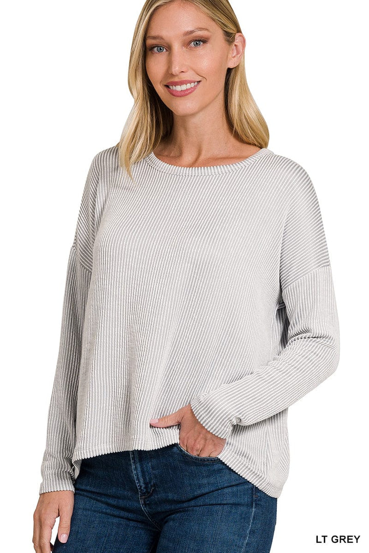 Zenana Ribbed Boat Neck Drop Shoulder Long Sleeve Top