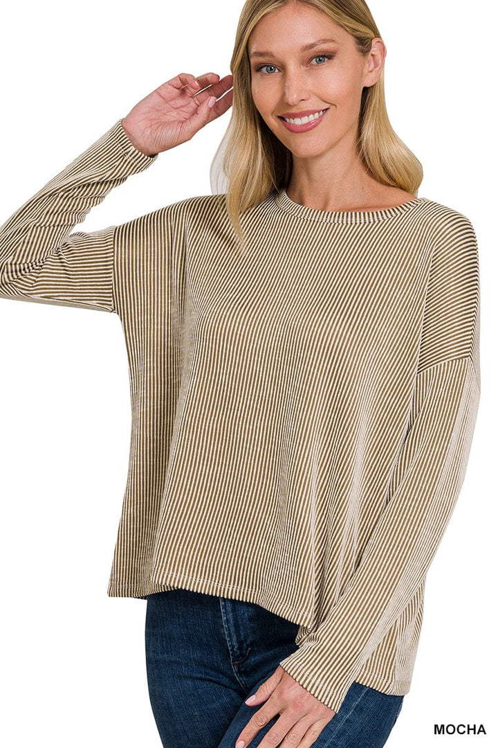 Zenana Ribbed Boat Neck Drop Shoulder Long Sleeve Top