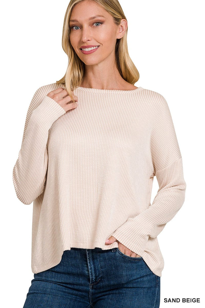 Zenana Ribbed Boat Neck Drop Shoulder Long Sleeve Top