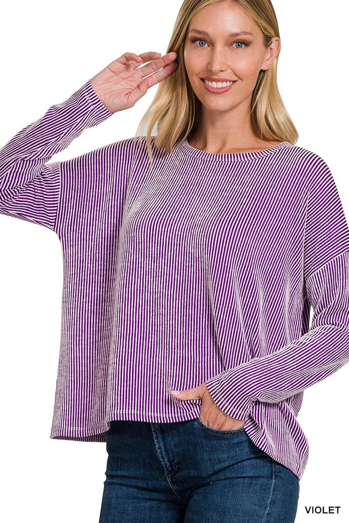 Zenana Ribbed Boat Neck Drop Shoulder Long Sleeve Top