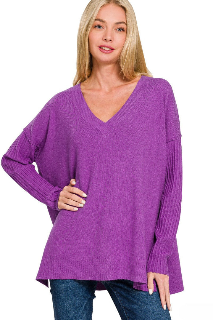 Zenana Ribbed Sleeves V-Neck Viscose Sweater